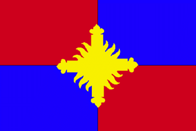 Ecartelé rouge et bleu avec une croix inspirée par l'insigne de la première compagnie des mousquetaires, proposée par le Conservatoire de Gascogne
