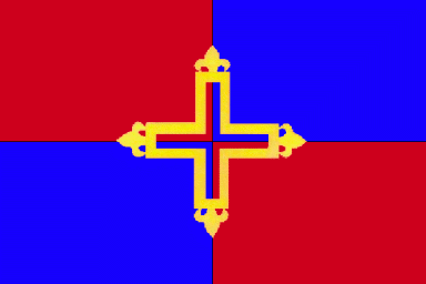 Ecartelé rouge et bleu avec la croix des mousquetaires proposée par le Conservatoire du Patrimoine de Gascogne