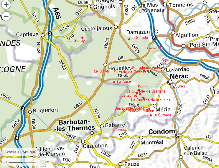 Toponymes Surret, Surrède, Surrey... dans l'est du massif landais