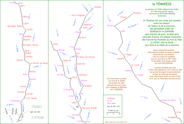 Tracé probable de la Ténarèze, avec la toponymie du XXI° siècle (annoté par F. Bonnenfant)