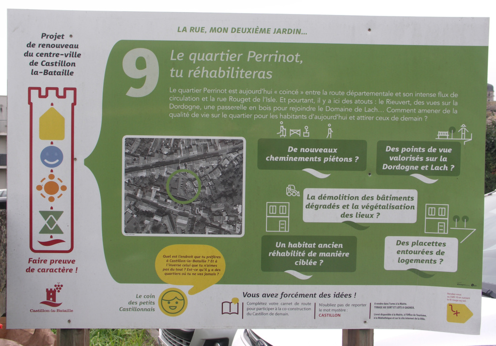 Castillon la Bataille - Quartier Perrinot, panneau d'appel à la participation pour réhabiliter la ville (février 2023)