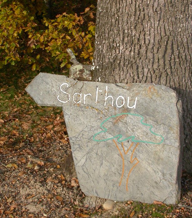 Le panneau en pierre du "Sarthou" semble arborer un pin parasol ou pin franc. Cela confirmerait la valeur emblématique de cet arbre, qui symbolisait une maison de mèste (franc = libre).