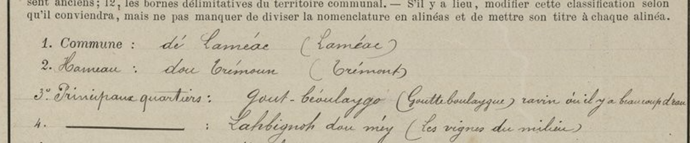 Quartier "lou Tremoun" (enquête Sacaze de Laméac).